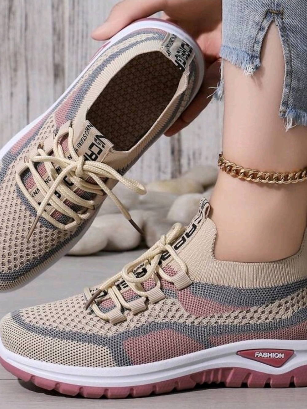 Women's Beige Pink Knit Sneakers